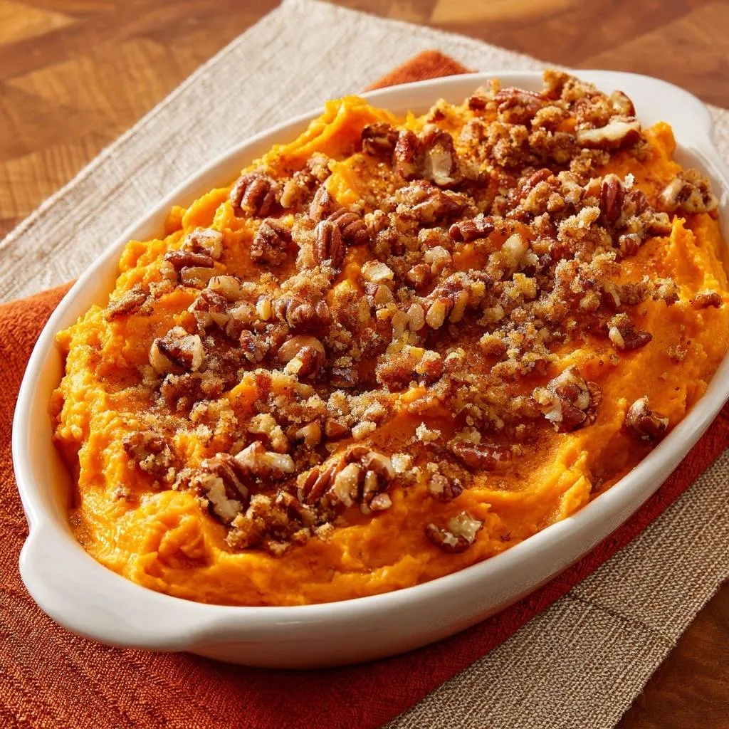 Praline pecan sweet potato casserole recipe featuring a close-up view of the toasted pecan and crumble topping.