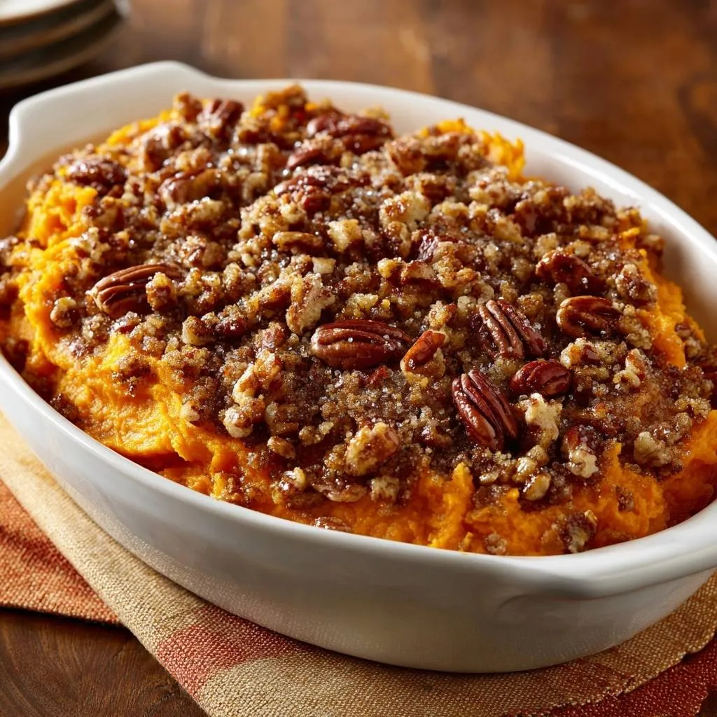 Praline pecan sweet potato casserole with a close-up view of the toasted pecan and crumble topping.