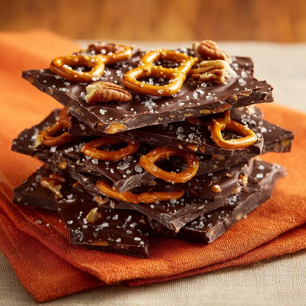 Pretzel pecan sea salt chocolate bark stacked high with pretzels and nuts visible on top.