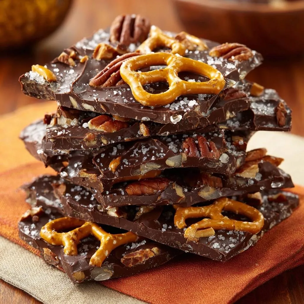 Pretzel pecan sea salt chocolate bark recipe shown in a close-up stack, highlighting the texture of the chocolate, nuts, and pretzels.