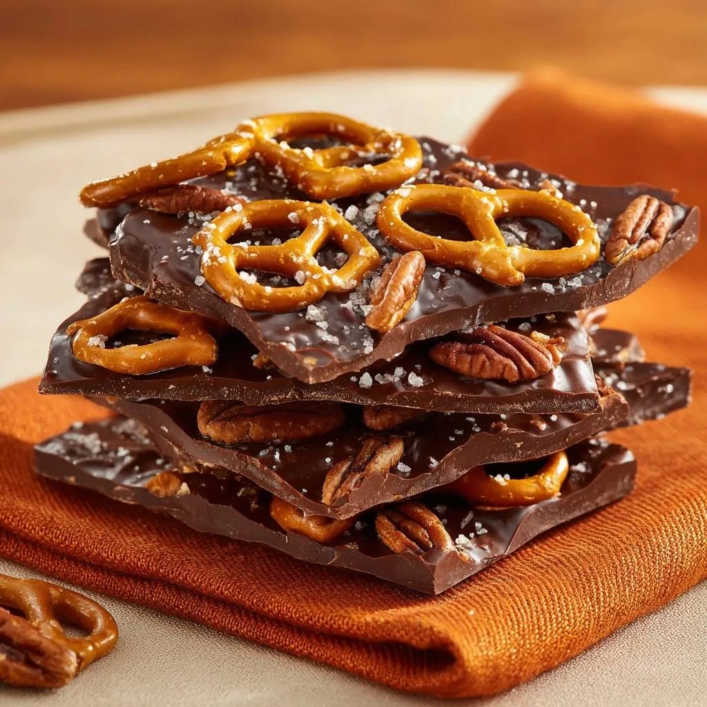 Pretzel pecan sea salt chocolate bark recipe stacked high with pretzels, pecans, and coarse sea salt in a close-up view.
