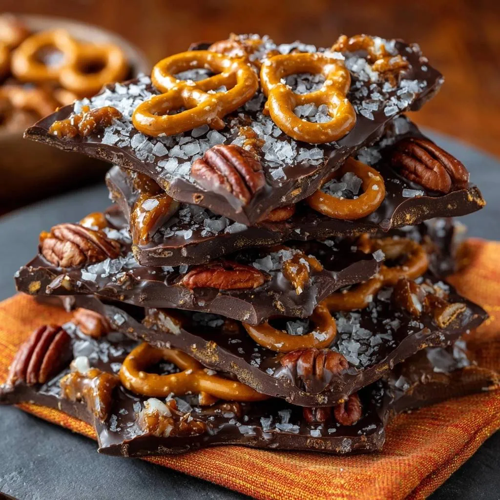 Pretzel pecan sea salt chocolate bark recipe shown as a stack of broken pieces with pretzels, pecans, and sea salt.