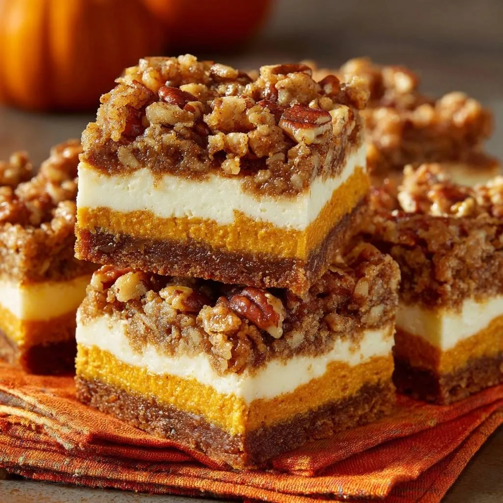 Pumpkin pecan cheesecake bars with crack-free layers shown in a close-up view revealing distinct layers and pecan topping.