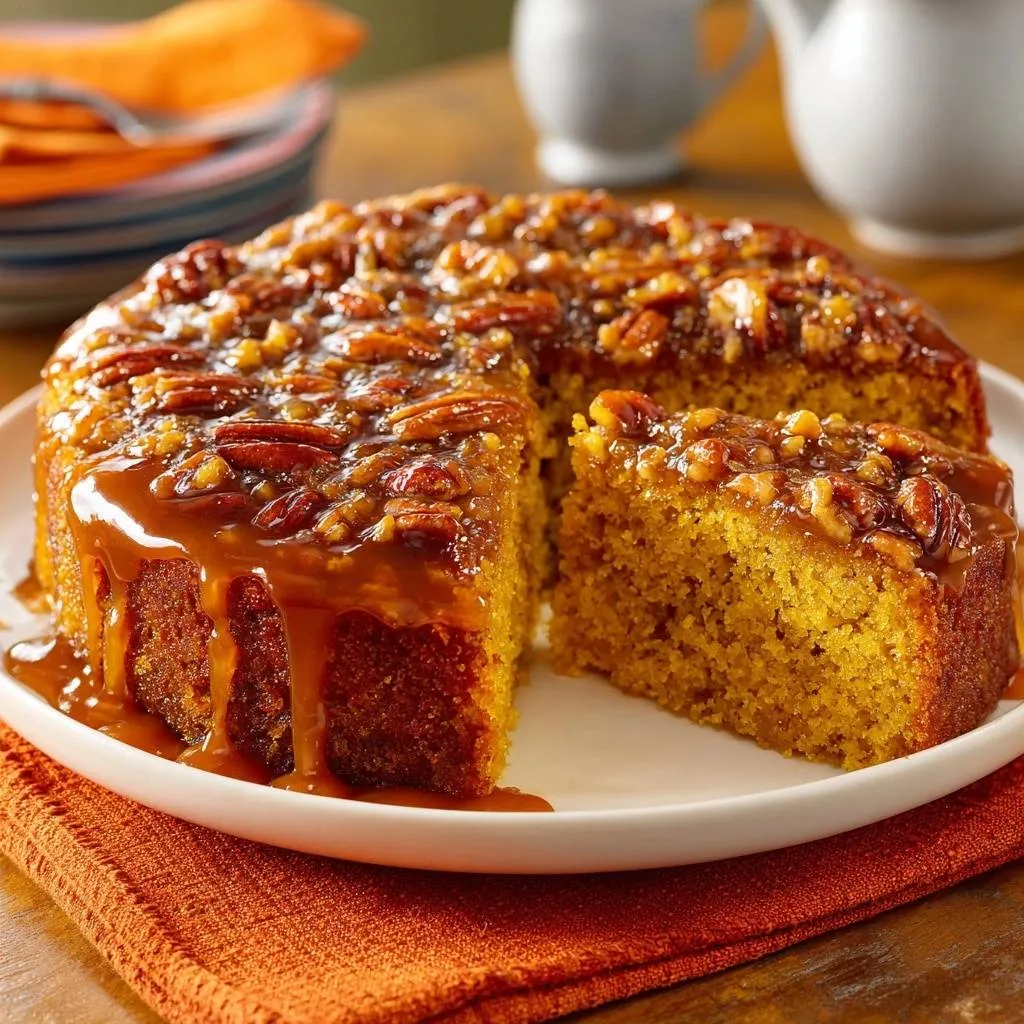 Pumpkin pecan upside-down cake with a slice removed, showcasing the rich caramel pecan topping and a generous drizzle.