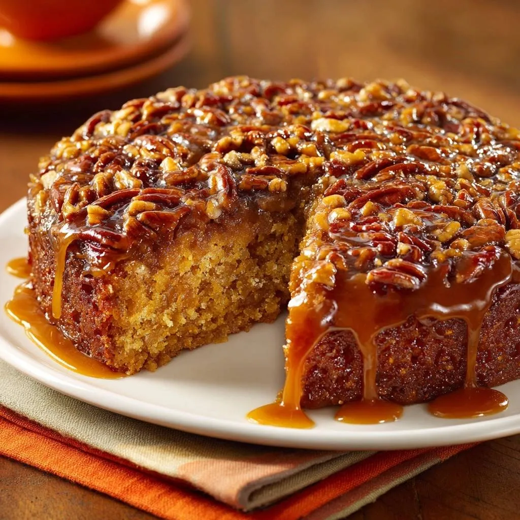 Pumpkin Pecan Upside-Down Cake with a generous drizzle of caramel sauce and toasted pecans.