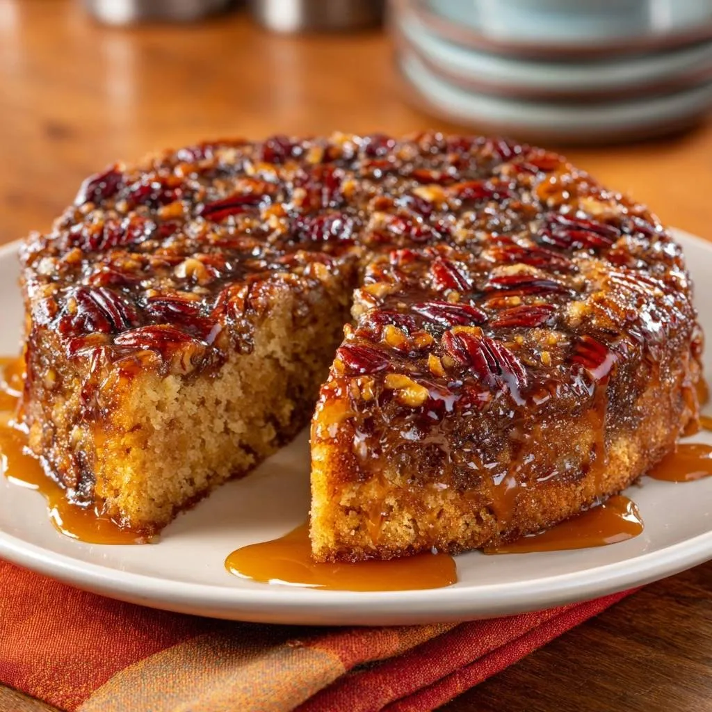 Pumpkin Pecan Upside-Down Cake with Foolproof Release shown sliced with a close-up view of the glossy pecan and caramel glaze.