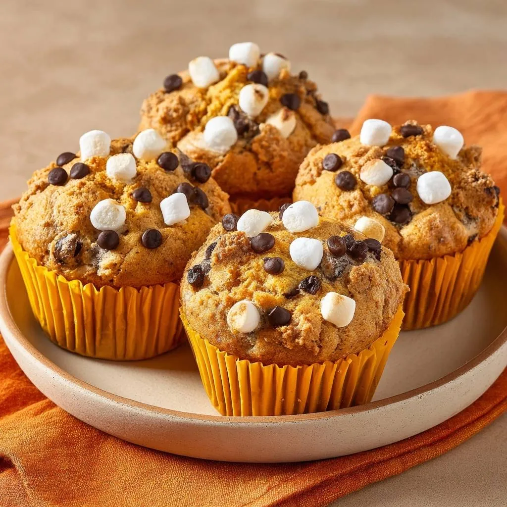Pumpkin S'mores Muffins topped with mini marshmallows and chocolate chips, showcasing a gooey texture.