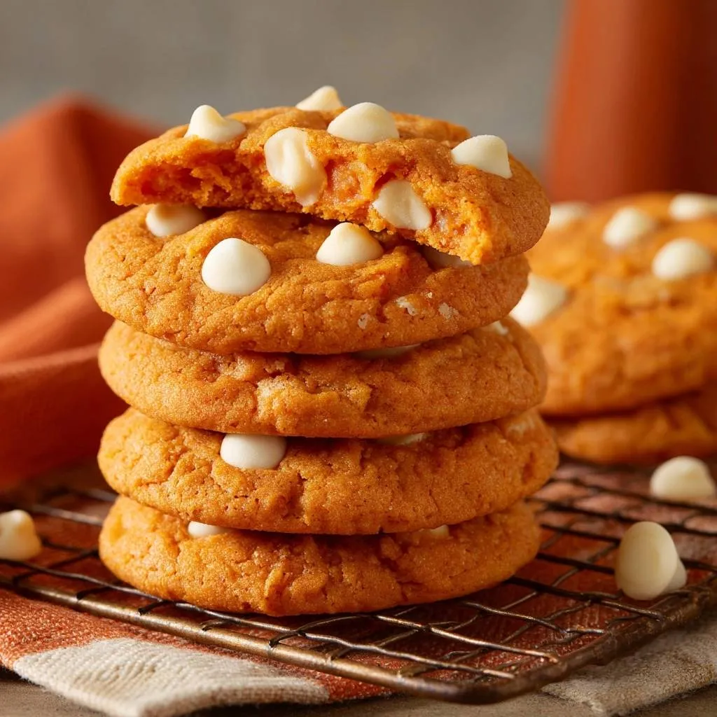 Pumpkin white chocolate chip cookies stack with a close-up cross-section of the top cookie revealing white chocolate chips.