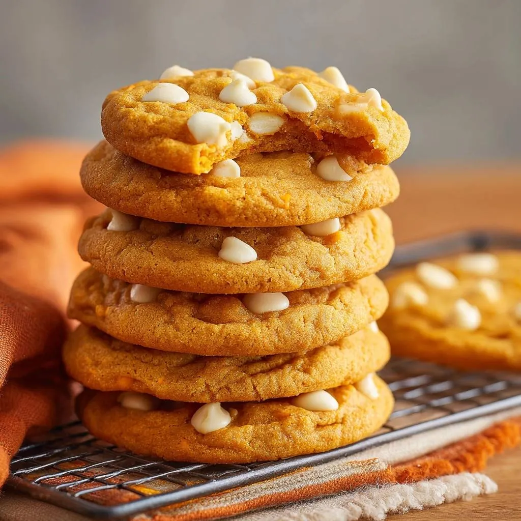 Pumpkin white chocolate chip cookies shown in a tall stack cooling on a wire rack with a bite taken out of the top cookie.