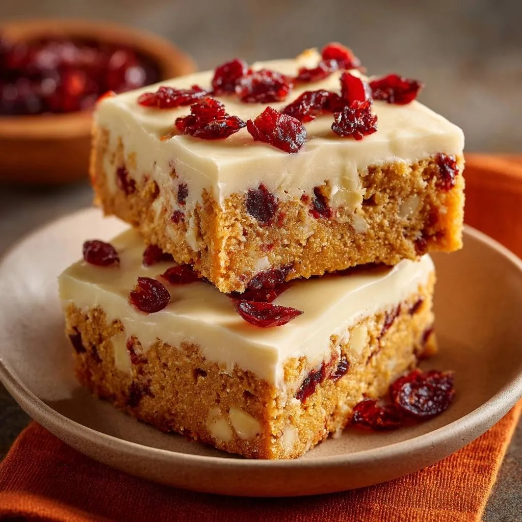 Pumpkin white chocolate cranberry blondies recipe shown stacked close-up, highlighting the rich white chocolate frosting and crunchy toppings.