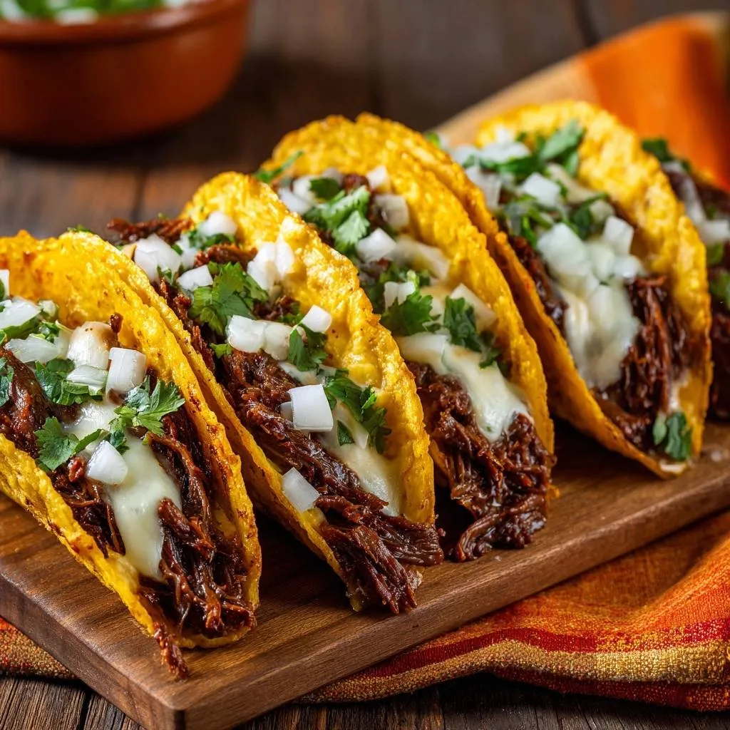 Quesabirria tacos with crispy cheese-sealed shells are lined up on a wooden board, showcasing their shredded beef filling and fresh toppings.