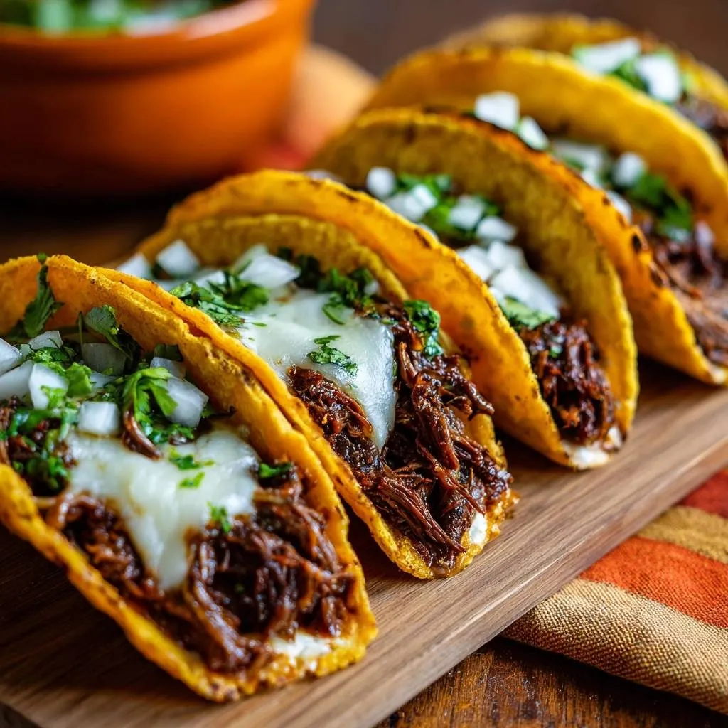 Quesabirria tacos with crispy cheese-sealed shells shown in a close-up side view on a wooden board.