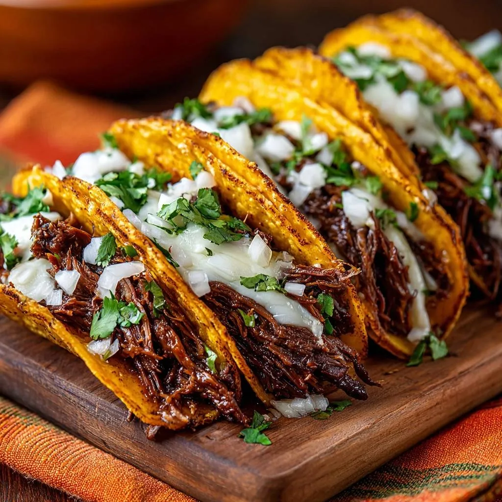 Quesabirria tacos with crispy tortillas, showing the shredded beef and cheese filling up close.