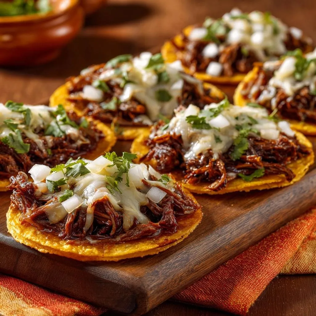 Quesabirria tacos with crispy no-soggy tortillas shown in a close-up, highlighting the shredded meat and melted cheese.