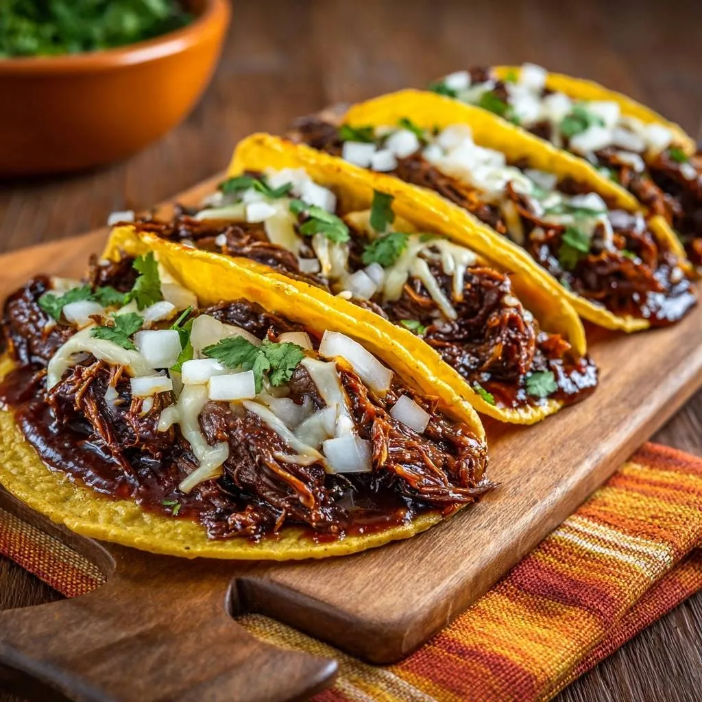 Quesabirria tacos with juicy braised beef piled high and garnished with onions and cilantro, served on a wooden plank.