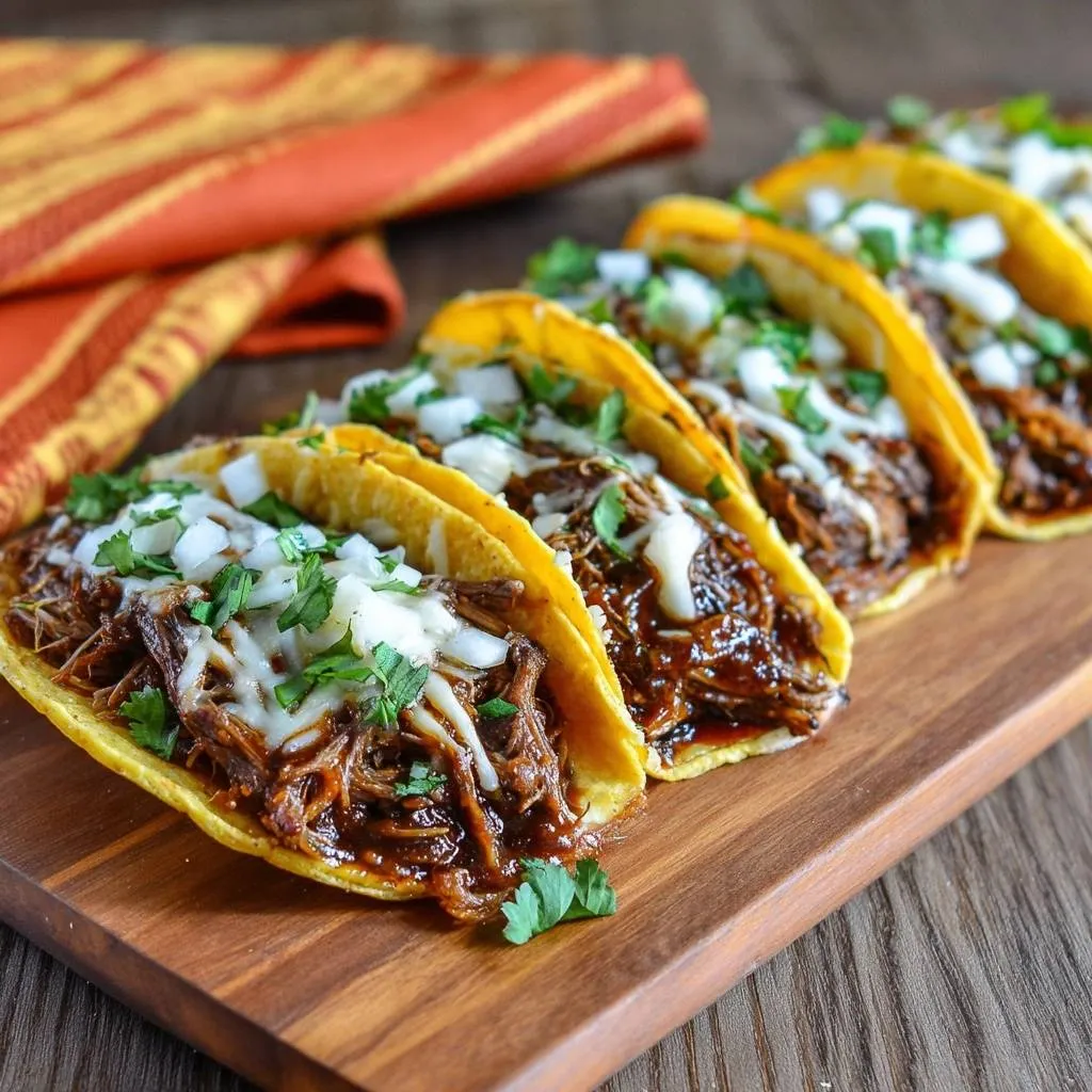 Quesabirria tacos with juicy braised beef, melted cheese, and cilantro, shown in a close-up view on a wooden board.