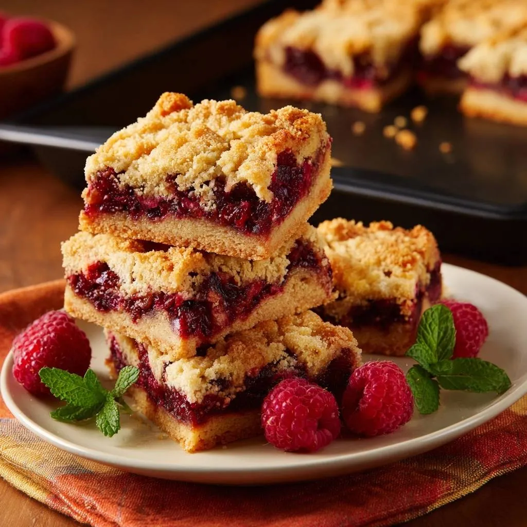 Raspberry crumb bars with crisp par-baked crust stacked on a plate with fresh raspberries and mint garnish.