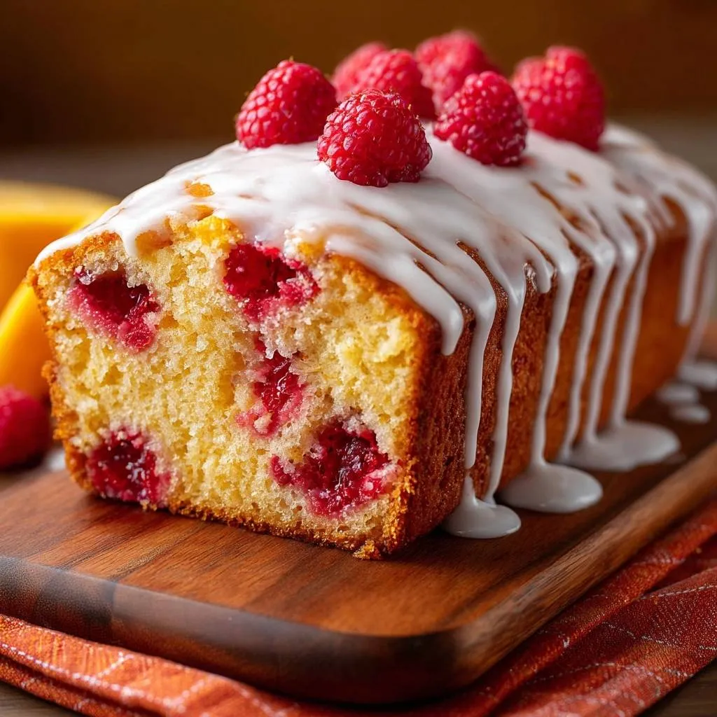 Raspberry glaze loaf with suspended berries, showing a detailed cross-section of the tender cake and juicy raspberries.