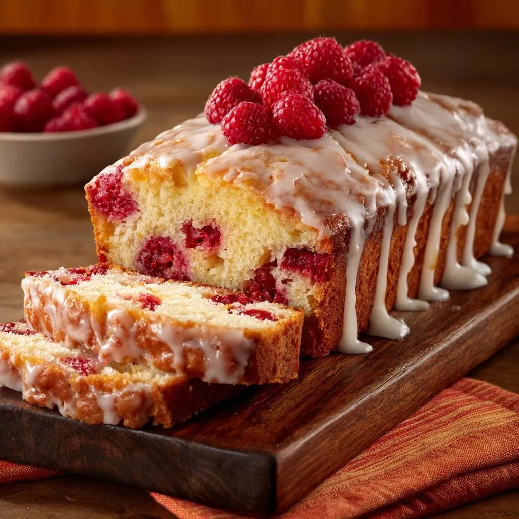 Raspberry glaze loaf with suspended berries, showing a close-up cross-section of the moist interior and fresh berries.