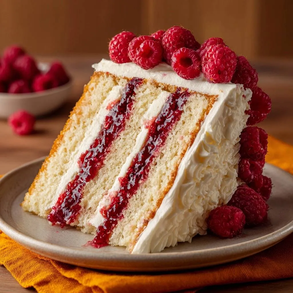 Raspberry layer cake with frosting dam technique shown in a close-up cross-section revealing the jam filling.
