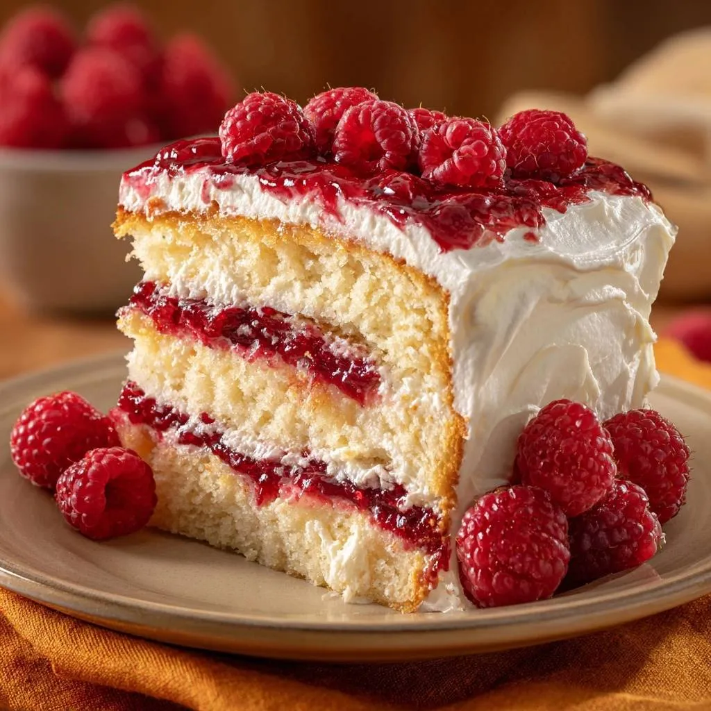 Raspberry layer cake with frosting dam technique shown in a detailed cross-section, garnished with fresh raspberries.
