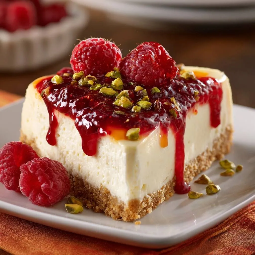 Raspberry pistachio cheesecake plated slice beautifully garnished with fresh raspberries and pistachios, showcasing the rich topping.