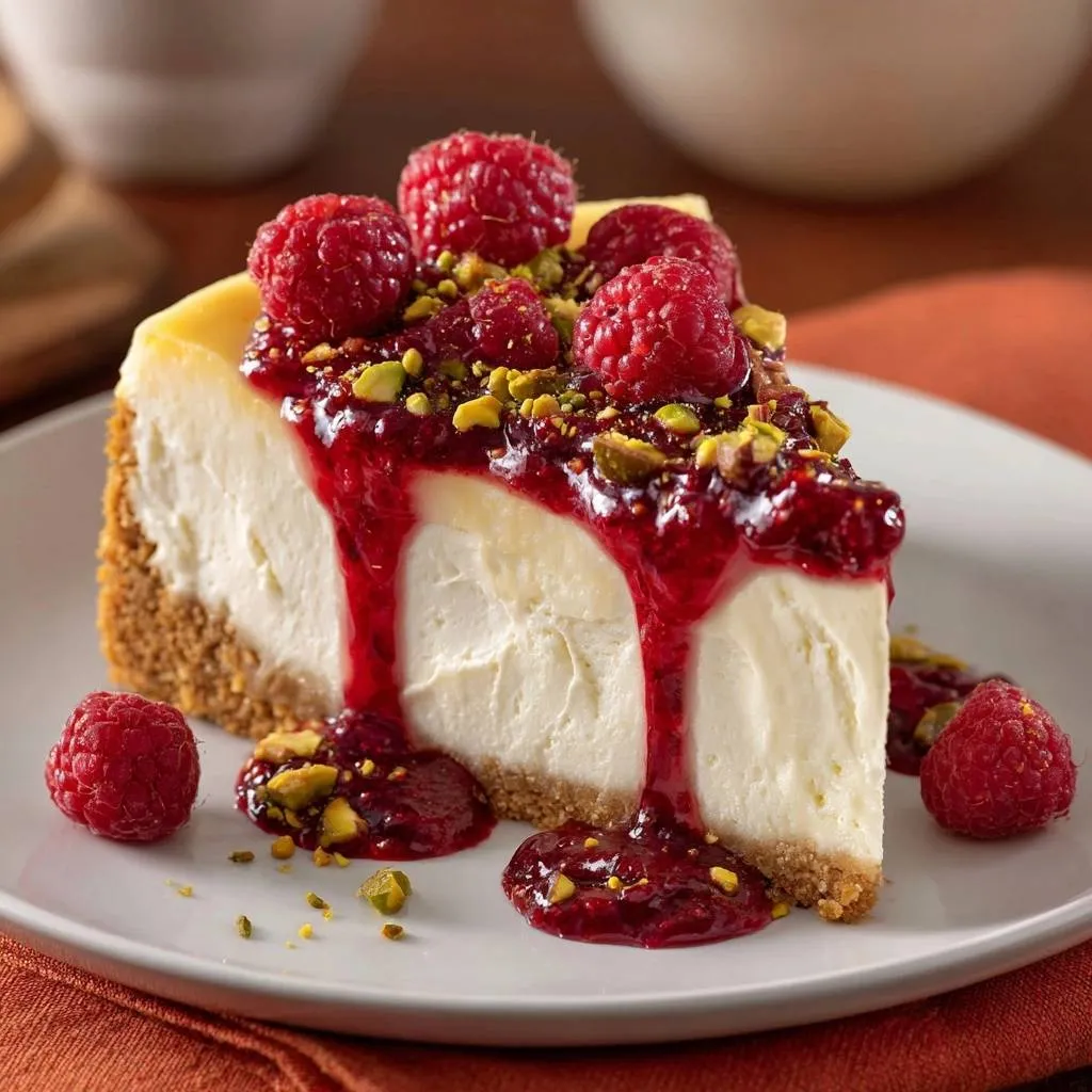 Raspberry pistachio cheesecake without cracks, a plated slice with fresh raspberries and raspberry drizzle.
