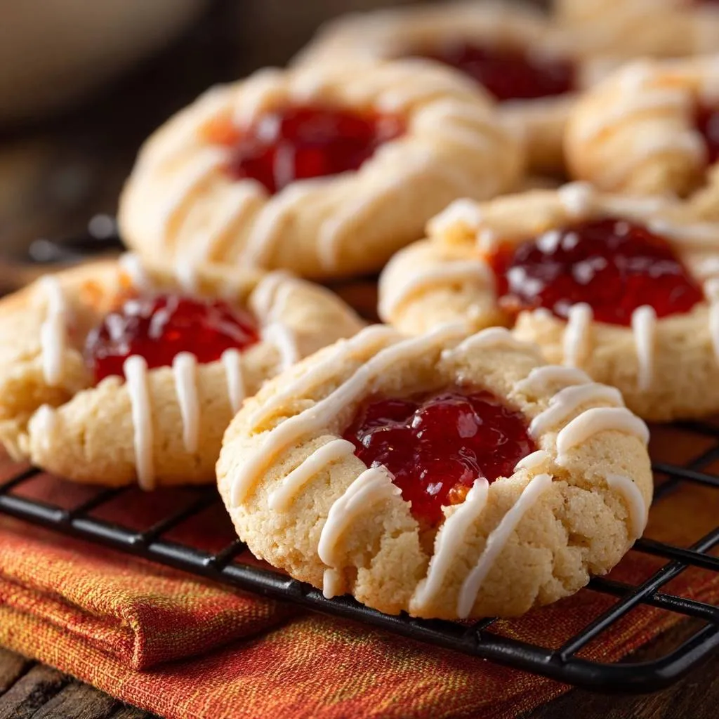 Raspberry thumbprint cookies with no jam overflow cooling on a rack, showing the detailed glaze pattern.