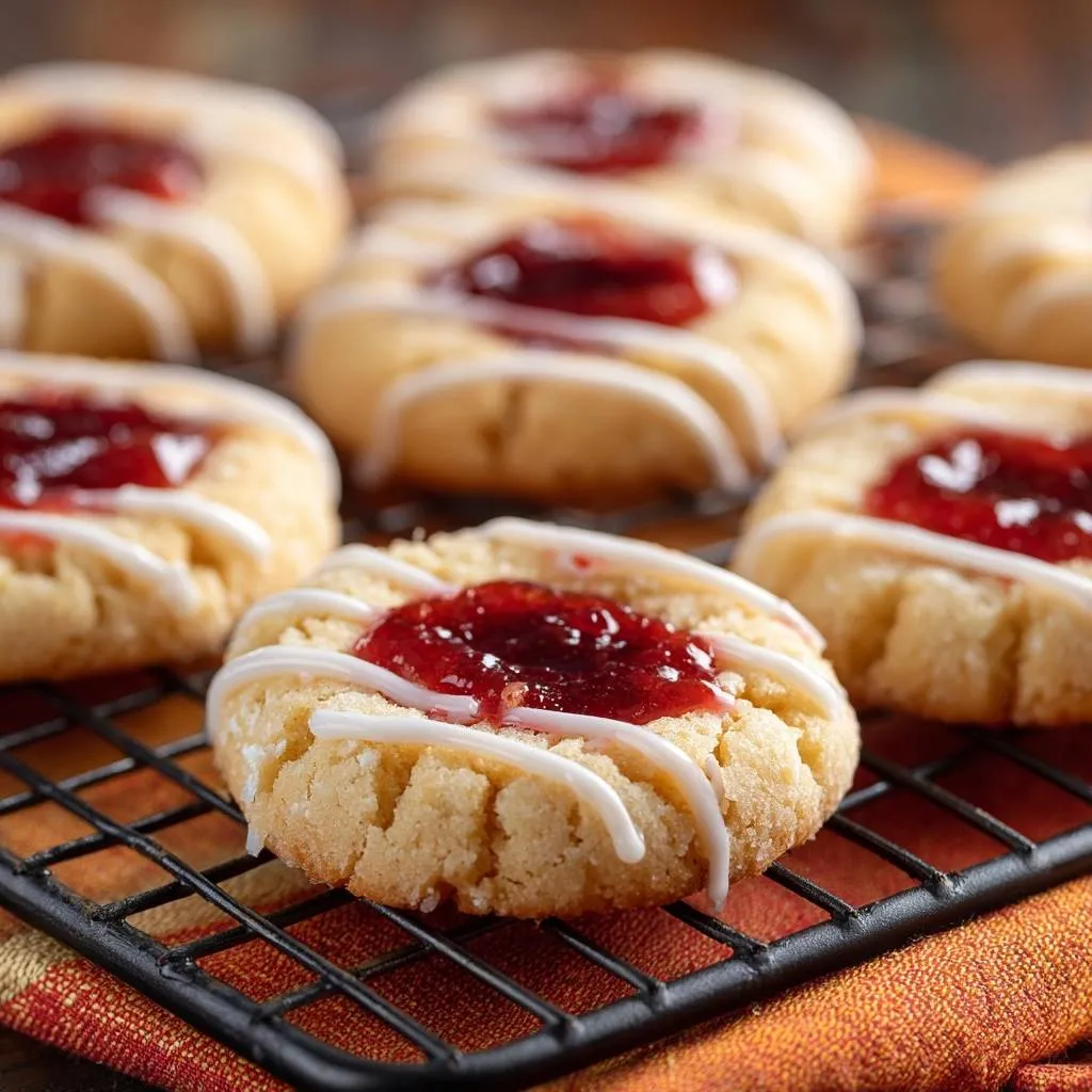 Raspberry thumbprint cookies with no jam overflow cooling on a black rack with white icing drizzle.