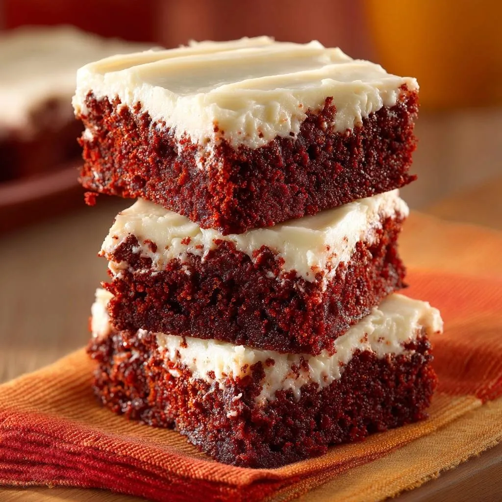 Red velvet cake bars, a stack of three, showcasing their moist interior and cream cheese frosting.