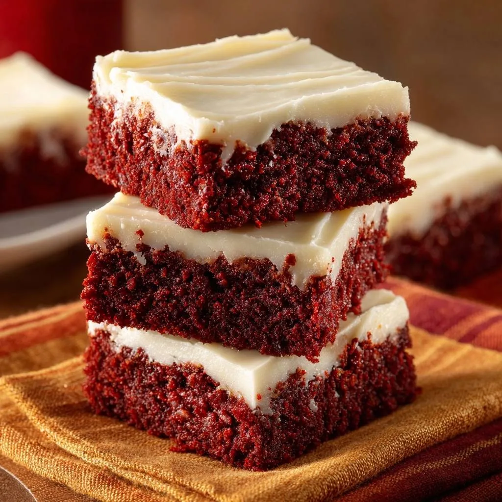 Red velvet cake bars, a stack of three moist, frosted squares, showcasing their rich crumb and creamy topping.