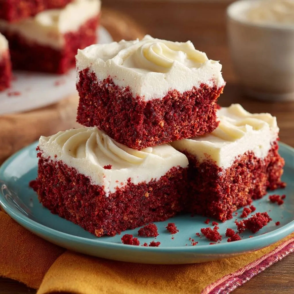 Red velvet cake squares stacked on a teal plate, showcasing their moist crumb and creamy frosting.