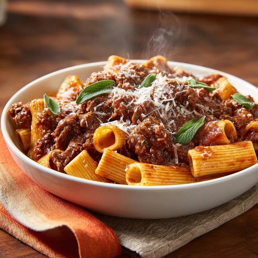 Rigatoni with beef ragu and sage, shown in a white bowl with steam rising, topped with grated cheese.