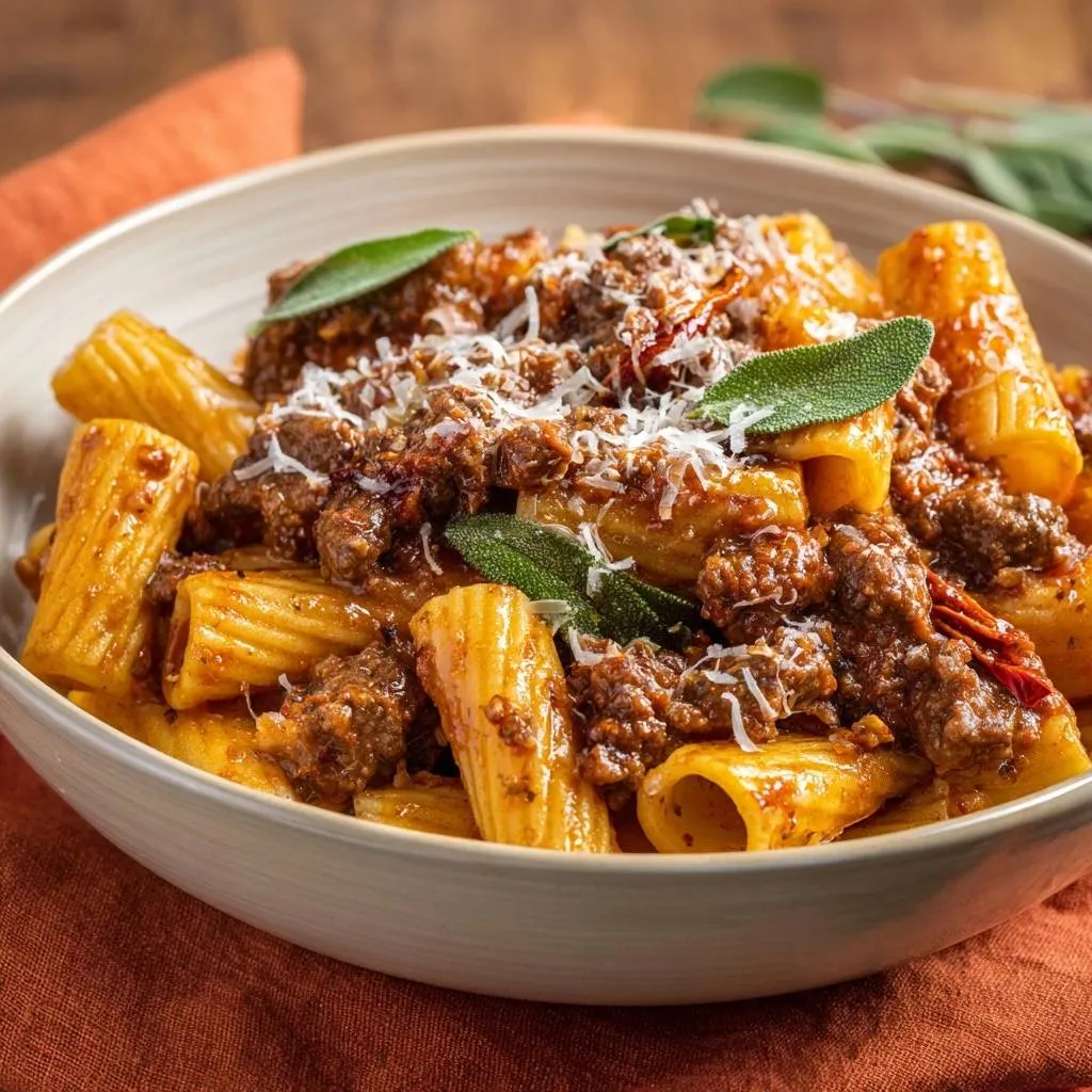 Rigatoni with sage beef ragu shown in a close-up view of a rustic bowl, topped with grated cheese and fresh sage leaves.