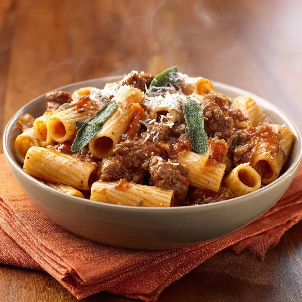 Rigatoni with sage beef ragu served steaming in a rustic bowl, showcasing the rich sauce and pasta.