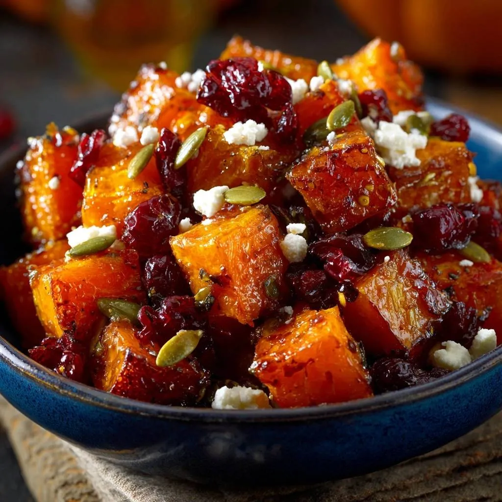 Roasted butternut squash cranberry feta salad shown in a close-up of a blue bowl, highlighting the textures and colors.