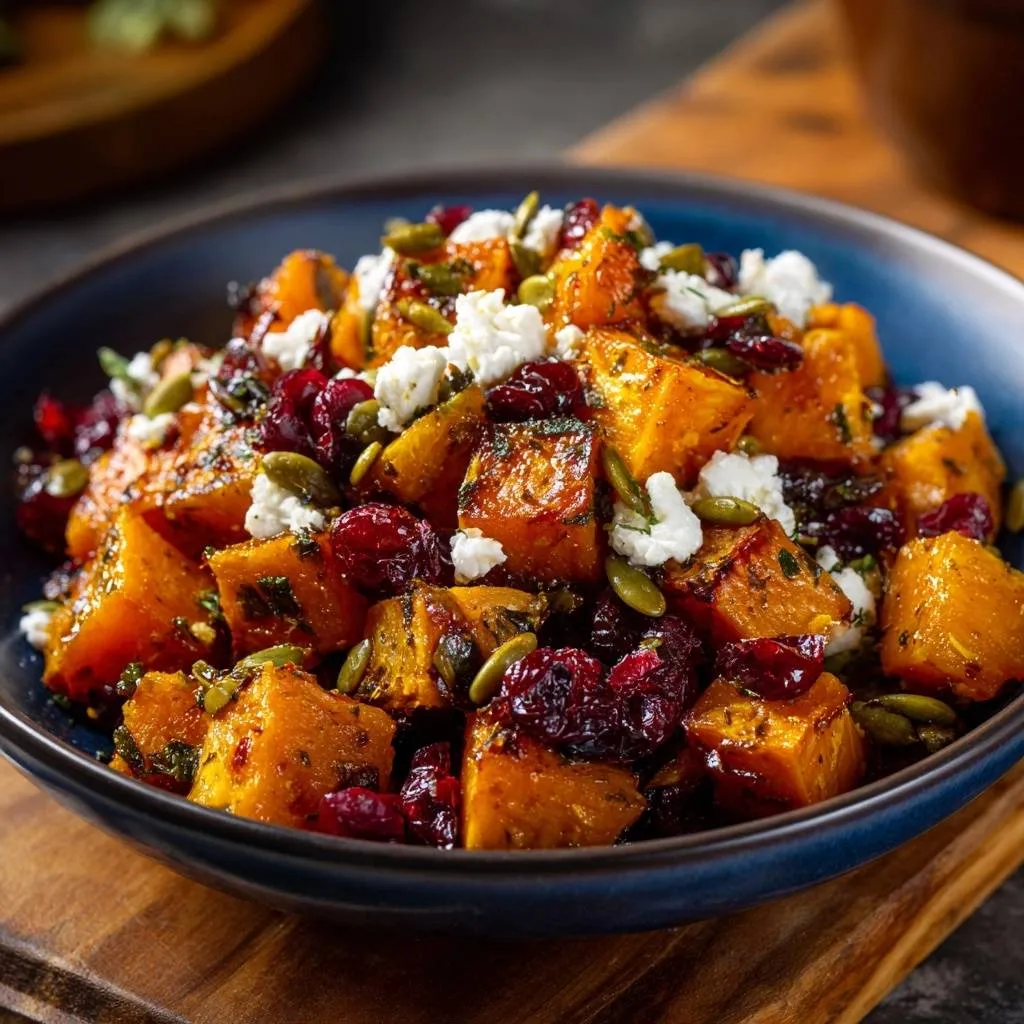Roasted butternut squash cranberry feta salad served in a blue bowl, showcasing a close-up view of the ingredients.