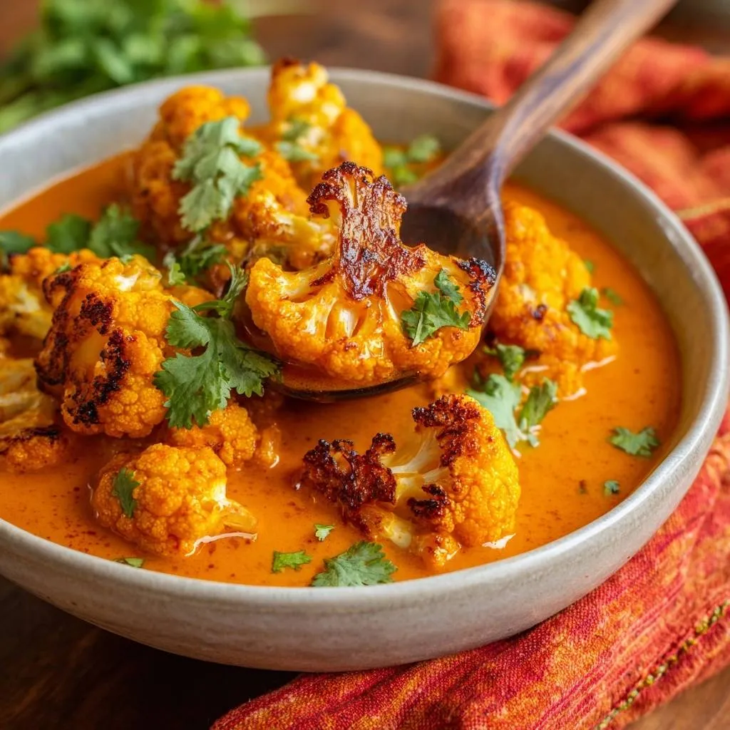 Roasted cauliflower curry with crispy florets being lifted by a wooden spoon, garnished with cilantro.