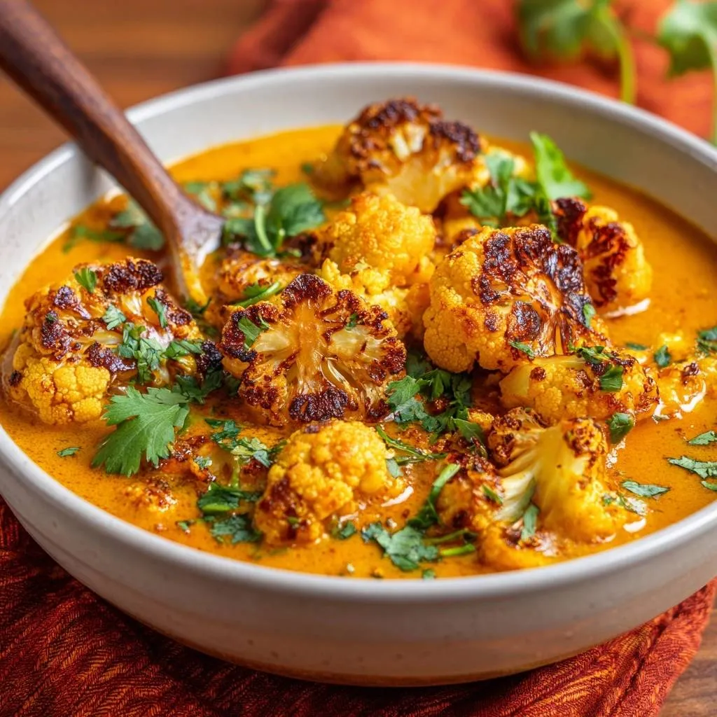 Roasted cauliflower curry with crispy florets in a creamy sauce, a spoonful being lifted from the bowl.