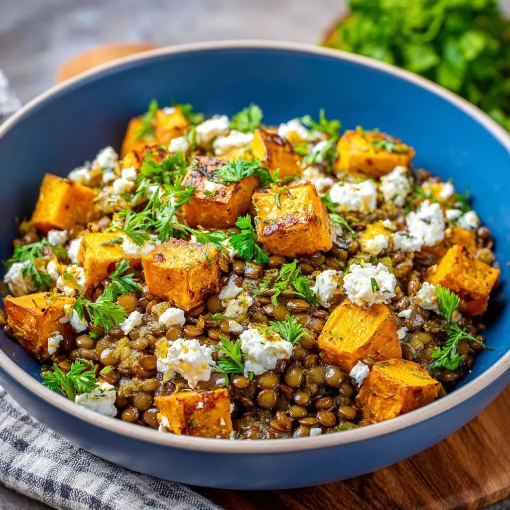Roasted sweet potato lentil bowl with crumbled feta cheese and fresh parsley, shown in a close-up view.