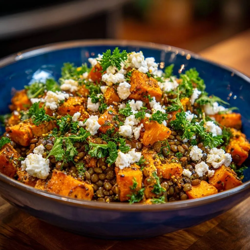 Roasted sweet potato lentil bowl topped with crumbled feta cheese and fresh parsley garnish in a blue bowl.