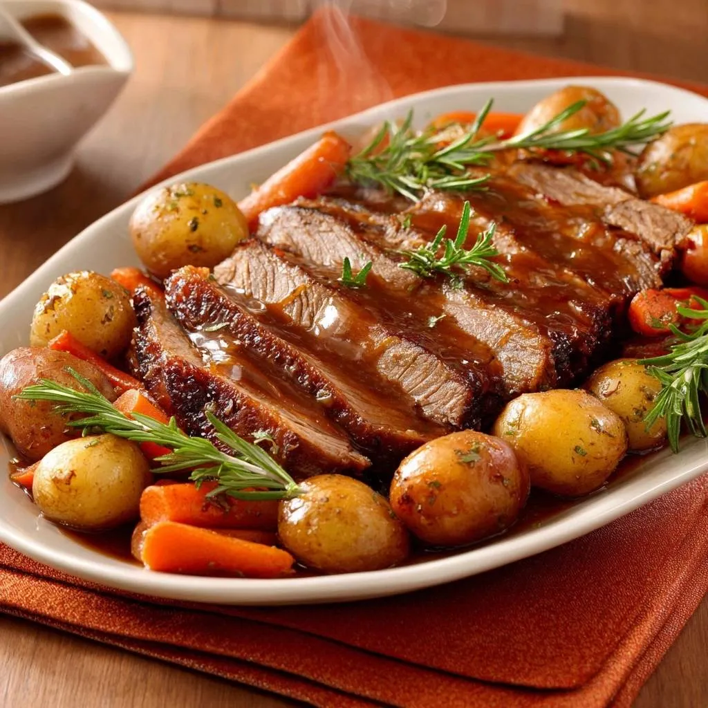 Rosemary roast beef with baby potatoes and carrots, sliced and drizzled with rich gravy.