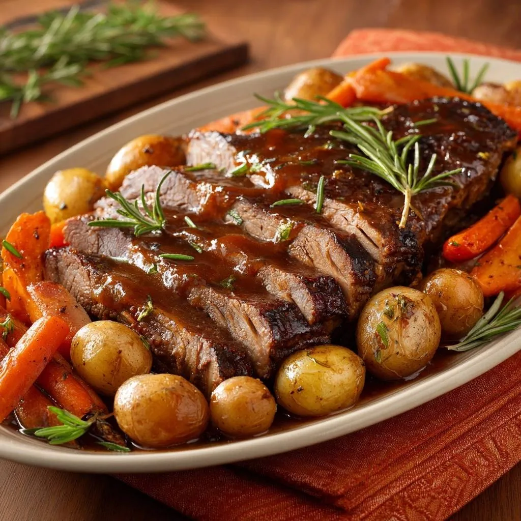 Rosemary roast beef with baby potatoes and carrots, sliced and served with a rich gravy and fresh rosemary sprigs.