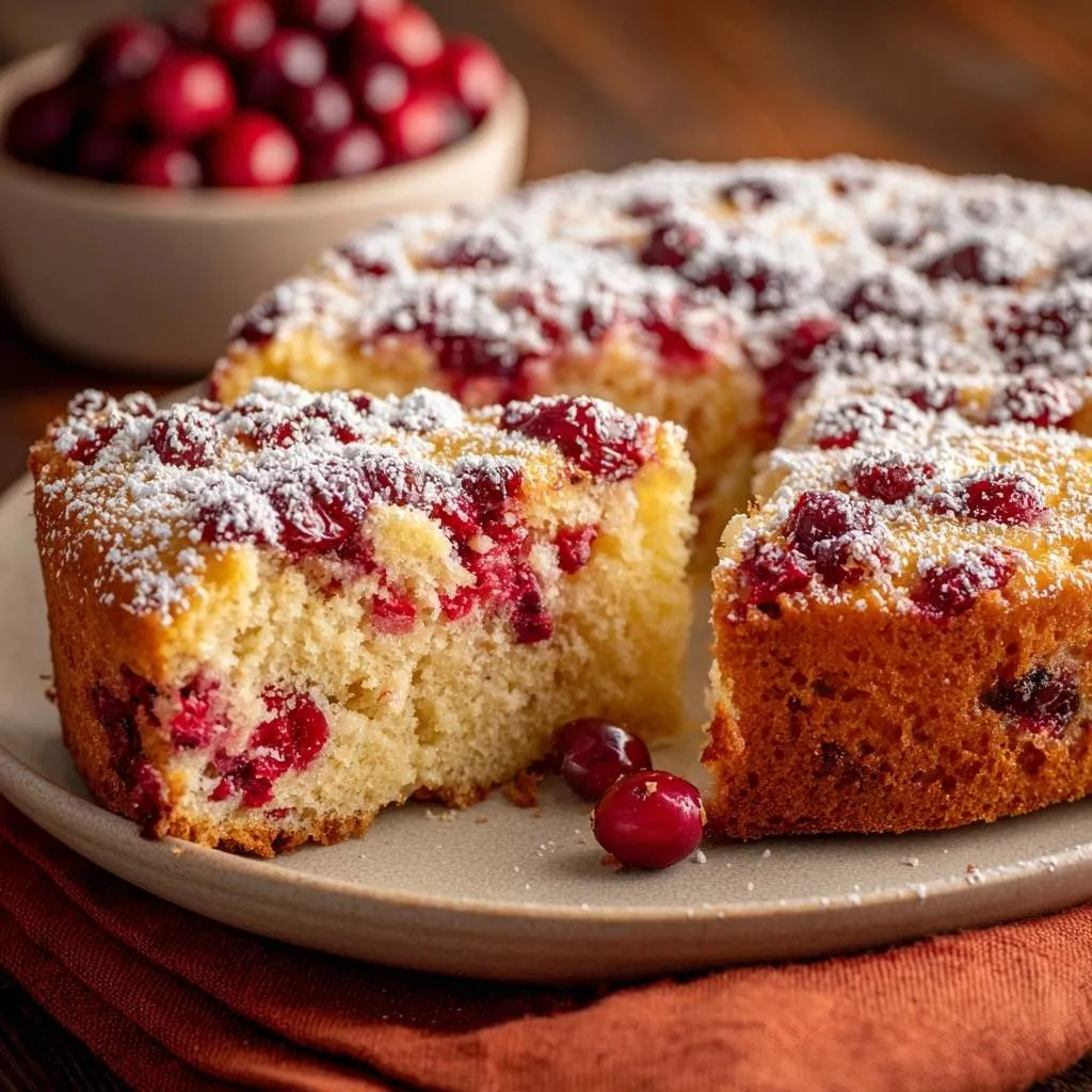Rustic cranberry cake with no-sink berries, shown in a close-up cross-section revealing its tender crumb and juicy berries.