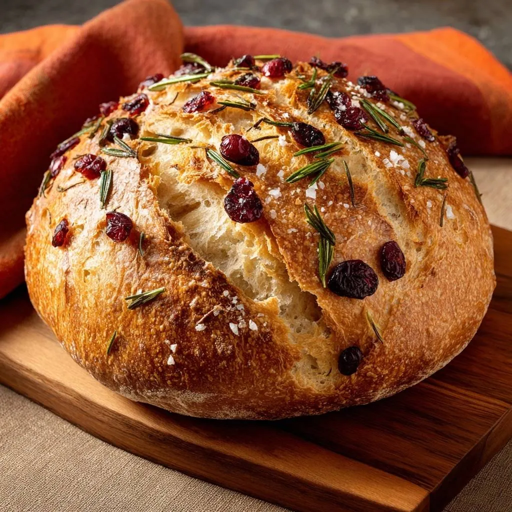 Rustic cranberry rosemary bread, a rustic loaf topped with dried cranberries and fresh rosemary sprigs, presented on a wooden board.