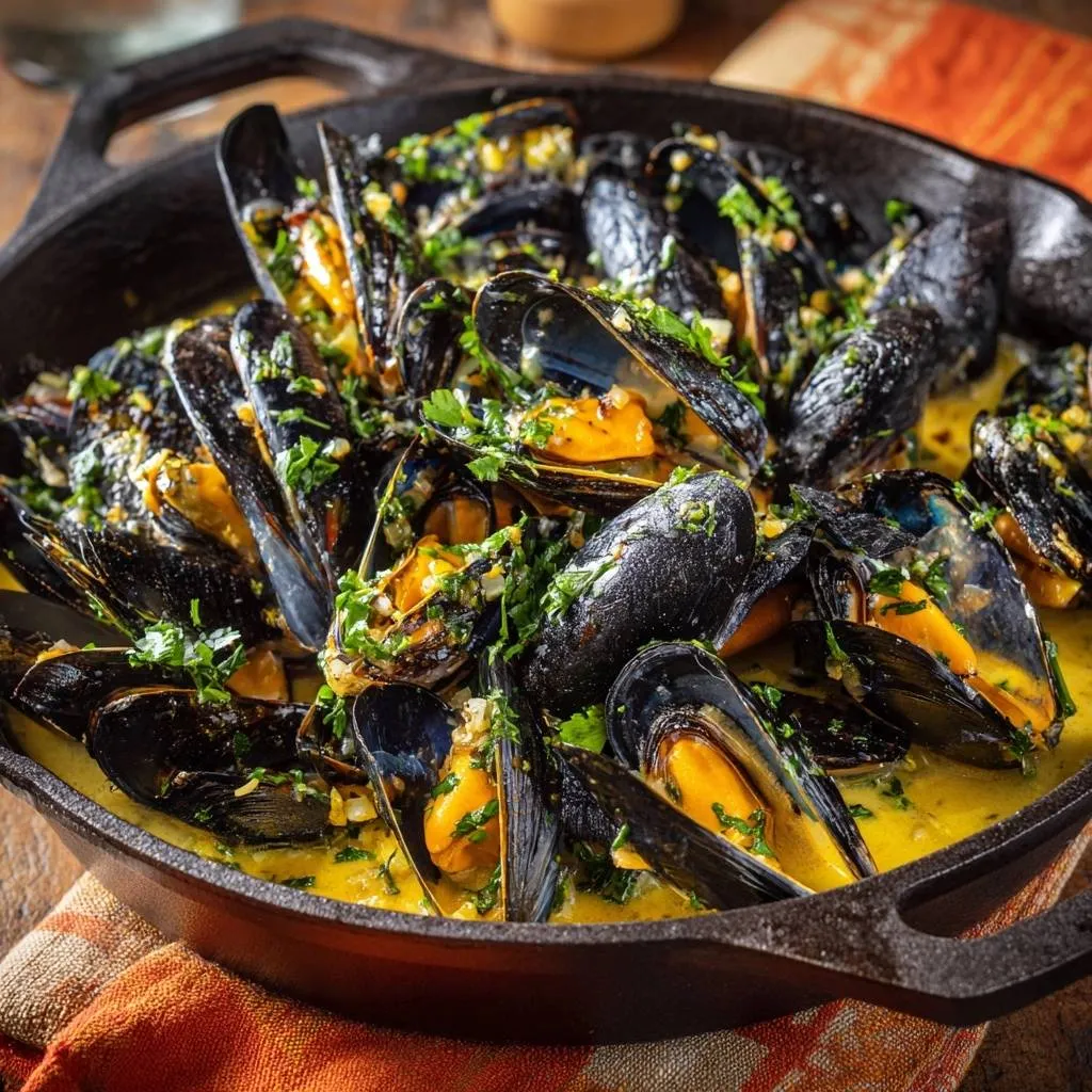 Saffron garlic mussels in a cast iron skillet, topped with fresh parsley and a creamy saffron sauce.