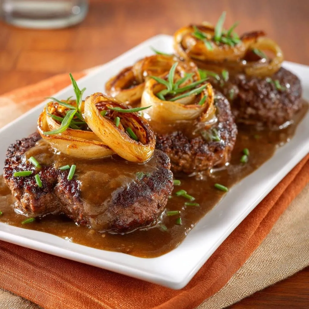 Salisbury steak with caramelized onions and brown gravy plated on a white rectangular dish and garnished with chives.