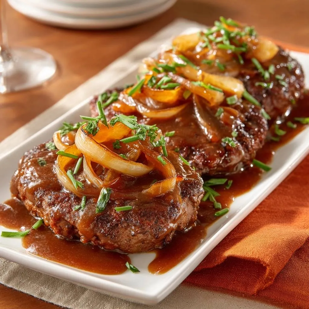 Salisbury steak with caramelized onions plated with a rich brown gravy and garnished with fresh chives.