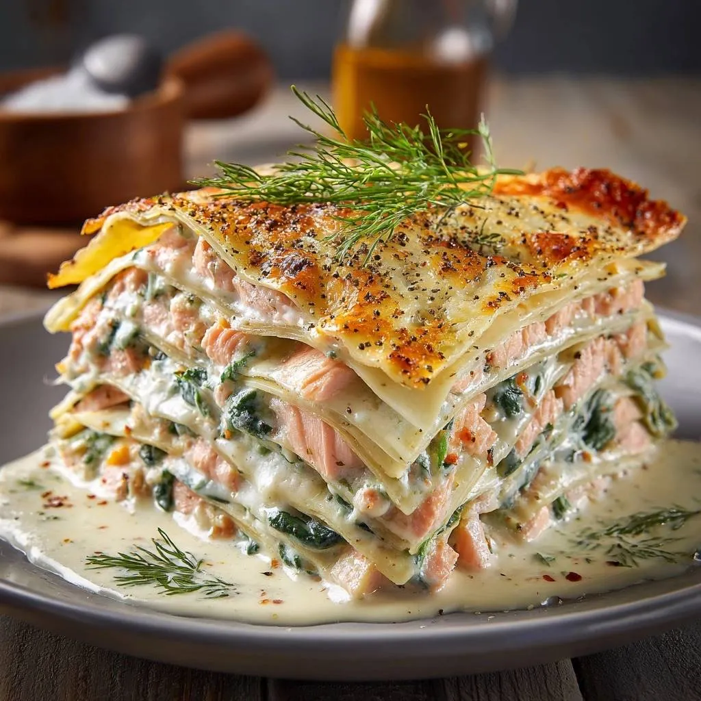 Creamy salmon spinach lasagna showing juicy layers of pasta, salmon, and spinach in a close-up cross-section view.