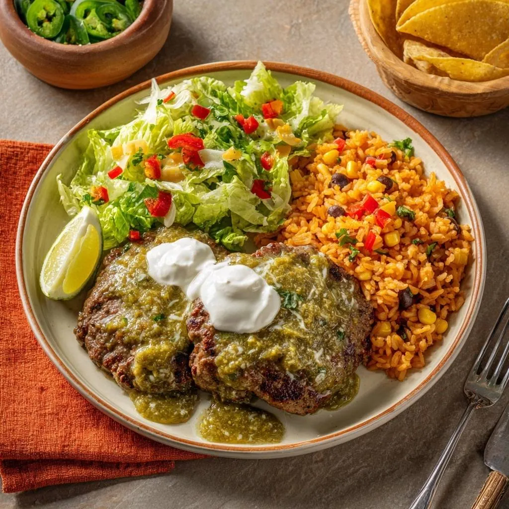 Salsa Verde Beef Patties served with rice, salad, and lime on a plate.